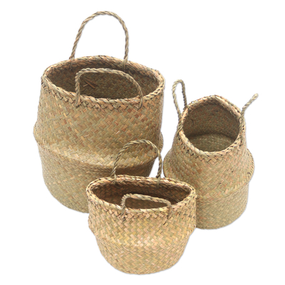 Juego 3 cestas con asa fibras naturales -Cestos