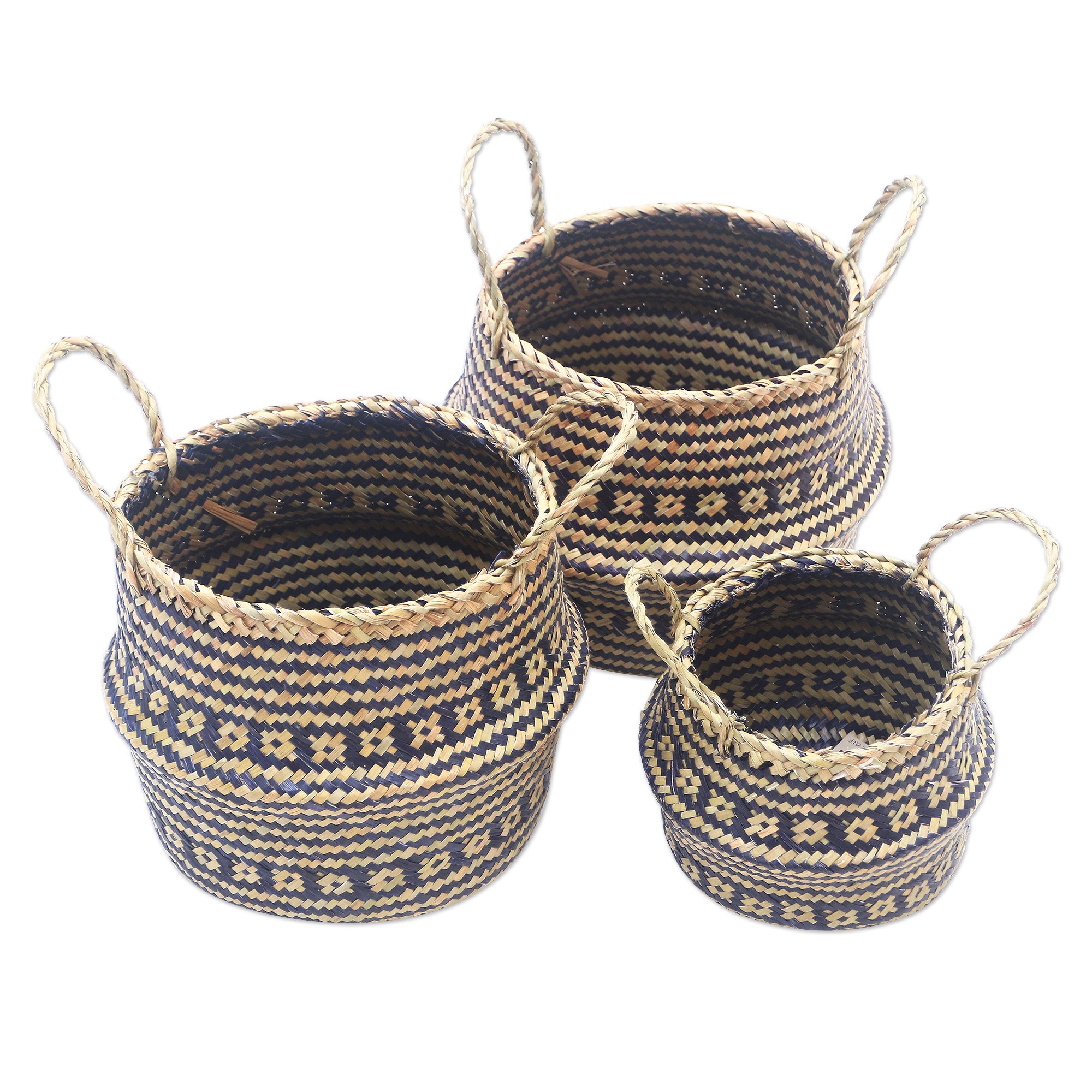 Artisan Crafted Natural Fiber Baskets (Set of 3) Bali Weave in Black NOVICA
