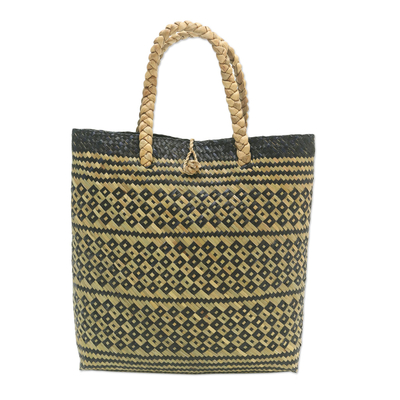 Natural fiber tote bag, 'Night Aura' - Woven Natural Fiber Tote Bag from Bali