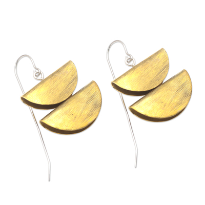 Brass dangle earrings, 'Double Half-Round' - Balinese Brass and Stainless Steel Dangle Earrings