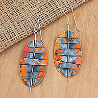 Copper dangle earrings, 'Oval Stitches' - Balinese Copper and Stainless Steel Dangle Earrings
