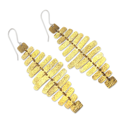 Brass dangle earrings, 'Horizontal Bars in Yellow' - Balinese Brass Dangle Earrings on Stainless Steel Hooks