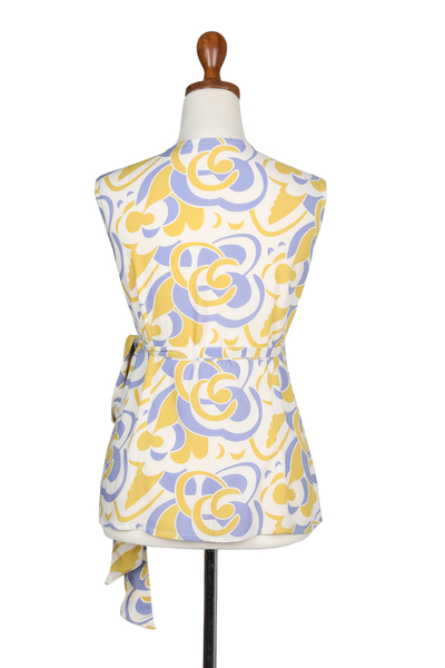 Rayon wrap blouse, 'Spring Leaves' - Screen Printed Sleeveless Rayon Wrap Blouse
