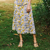 Falda de rayón, 'Hojas de primavera' - Falda de rayón con botones serigrafiados