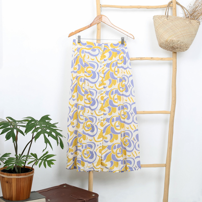 Rayon skirt, 'Spring Leaves' - Screen Printed Buttoned Rayon Skirt