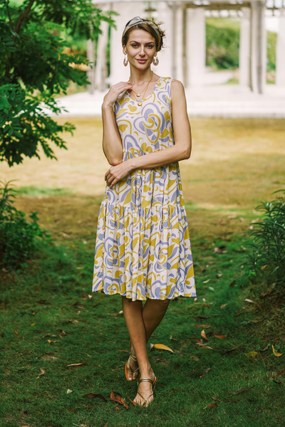 Rayon sundress, 'Spring Leaves' - Screen Printed Rayon Sundress from Bali
