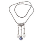 Cultured mabe pearl pendant necklace, 'Three Defenders' - Cultured Mabe Pearl and Sterling Silver Pendant Necklace