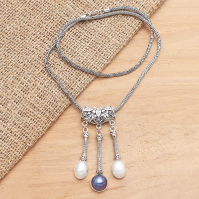 Cultured mabe pearl pendant necklace, 'Three Defenders' - Cultured Mabe Pearl and Sterling Silver Pendant Necklace