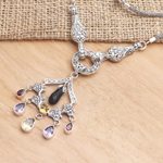 Multi-gemstone pendant necklace, 'Rainbow Chandelier ' - Hand Made Amethyst and Garnet Pendant Necklace