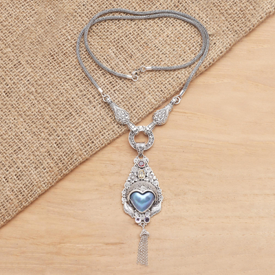 Multi-gemstone pendant necklace, 'Gatekeeper' - Cultured Mabe Pearl and Amethyst Pendant Necklace