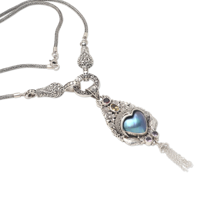Multi-gemstone pendant necklace, 'Gatekeeper' - Cultured Mabe Pearl and Amethyst Pendant Necklace