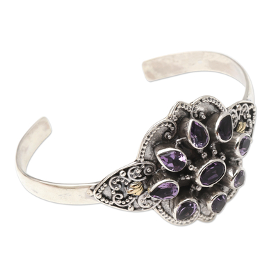 Gold-accented amethyst cuff bracelet, 'February Birthday' - Gold-Accented Sterling Silver and Amethyst Cuff Bracelet