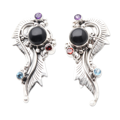 Multi-gemstone drop earrings, 'Twirl in Black' - Artisan Crafted Onyx and Amethyst Drop Earrings
