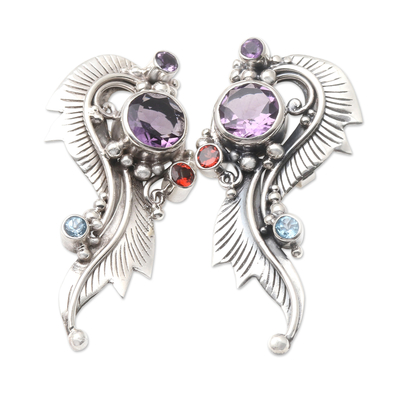 Multi-gemstone drop earrings, 'Twirl in Purple' - Amethyst and Blue Topaz Drop Earrings from Bali