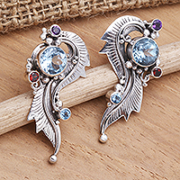 Multi-gemstone drop earrings, 'Twirl in Blue' - Hand Crafted Garnet and Blue Topaz Drop Earrings
