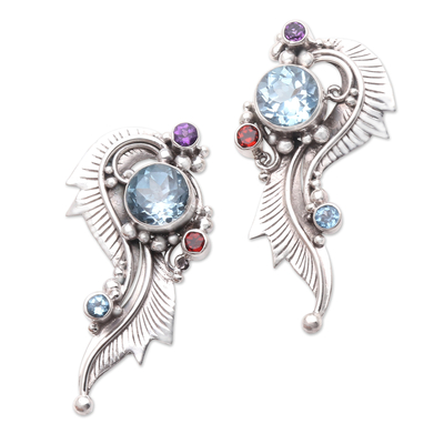 Multi-gemstone drop earrings, 'Twirl in Blue' - Hand Crafted Garnet and Blue Topaz Drop Earrings