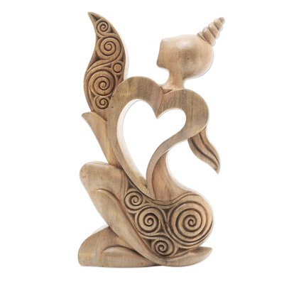 Wood statuette, 'Romantic Woman' - Artisan Crafted Heart-Themed Hibiscus Wood Statuette