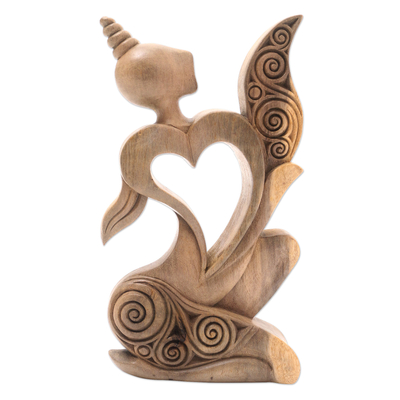 Wood statuette, 'Romantic Woman' - Artisan Crafted Heart-Themed Hibiscus Wood Statuette
