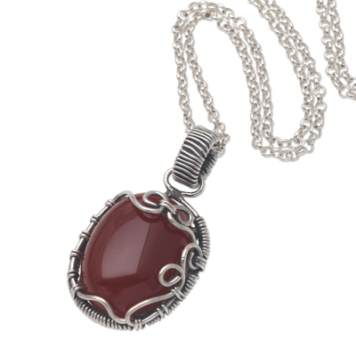 Carnelian pendant necklace, 'Dark Fruit' - Carnelian and Sterling Silver Pendant Necklace