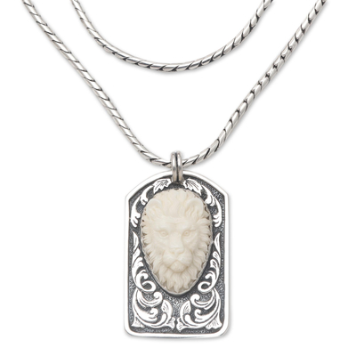 Sterling silver pendant necklace, 'Lion's Pride' - Sterling Silver and Bone Lion Pendant Necklace