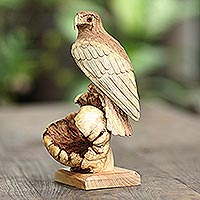 Wood statuette, 'Perched Eagle' - Artisan Crafted Suar Wood Eagle Sculpture