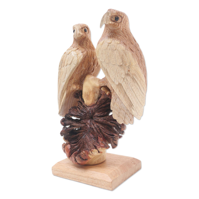 Wood statuette, 'Patient Eagles' - Hand Carved Suar Wood Eagle Sculpture