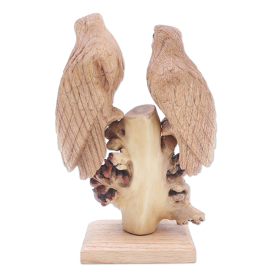 Wood statuette, 'Patient Eagles' - Hand Carved Suar Wood Eagle Sculpture