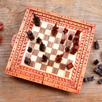 Wood chess set, 'Make Your Move' - Folding Crocodile Wood Chess Set from Bali