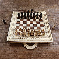 Wood chess set, 'King and Queen' - Hand Carved Crocodile Wood Chess Set