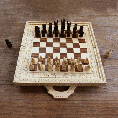 Wood chess set, 'King and Queen' - Hand Carved Crocodile Wood Chess Set