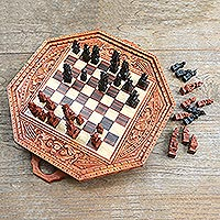Wood chess set, 'Barong Challenge' - Hand Crafted Folding Wood Chess Set