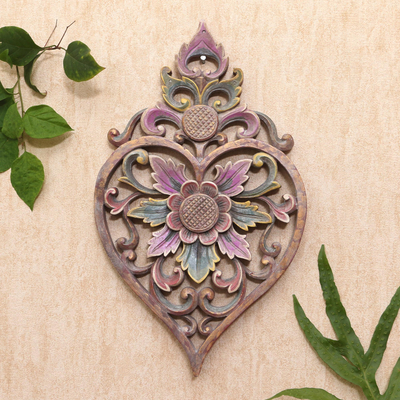 Wood relief panel, 'Love and Flowers' - Handmade Lotus-Themed Suar Wood Relief Panel