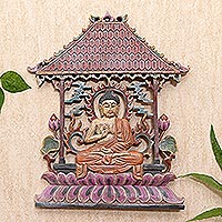 Wood relief panel, 'Under Protection' - Buddha-Themed Suar Wood Relief Panel