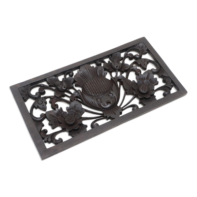 Wood relief panel, 'Midnight Sprawl' - Hand Carved Relief Panel with Floral Motif