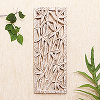 Wood relief panel, 'Beautiful Bamboo' - Suar Wood Bamboo Leaf-Motif Relief Panel