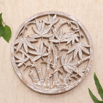 Wood relief panel, 'Rounded Bamboo' - Circular Suar Wood Relief Panel