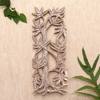 Wood relief panel, 'Growing Bamboo' - Hand Carved Suar Wood Leaf-Motif Relief Panel