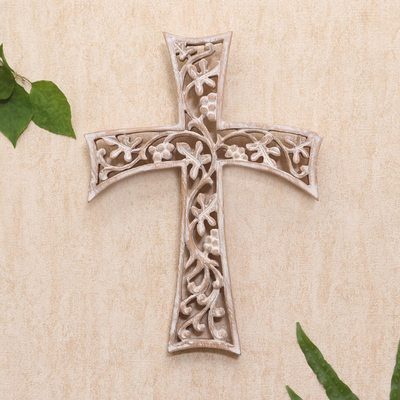 Wood wall cross, 'Grape Leaf Cross' - Hand Made Suar Wood Cross Relief Panel