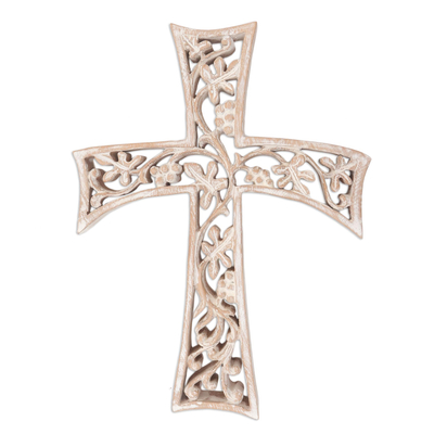 Wood wall cross, 'Grape Leaf Cross' - Hand Made Suar Wood Cross Relief Panel