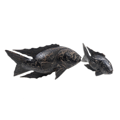 Wood statuettes, 'Koi Fish' (pair) - Hand Crafted Suar Wood Koi Fish Statuettes (Pair)