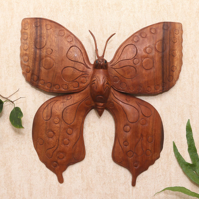 Wood relief panel, 'Enormous Butterfly' - Hand Carved Butterfly Suar Wood Relief Panel from Bali