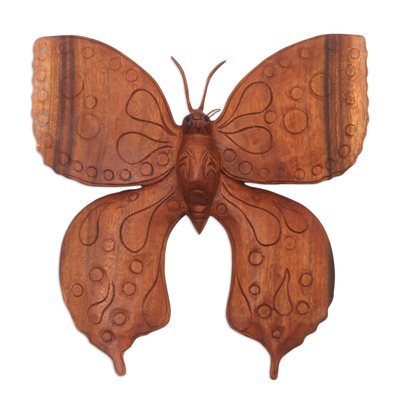 Reliefplatte aus Holz - Handgeschnitzte Schmetterlings-Reliefplatte aus Suar-Holz aus Bali