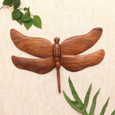 Wood relief panel, 'Gigantic Dragonfly' - Hand Crafted Dragonfly Suar Wood Relief Panel from Bali