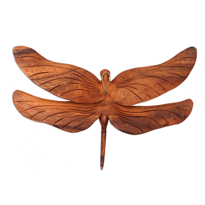Wood relief panel, 'Gigantic Dragonfly' - Hand Crafted Dragonfly Suar Wood Relief Panel from Bali