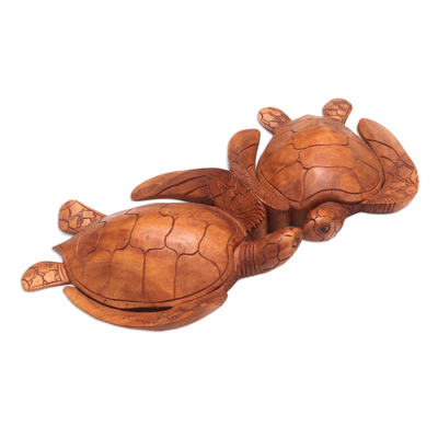Wood relief panel, 'Turtle Duo' - Handmade Turtle Suar Wood Relief Panel from Bali