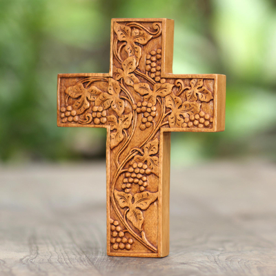 Wood wall cross, 'Grape Leaves' - Engraved Suar Wood Wall Cross from Bali