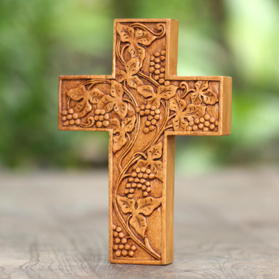 Wood wall cross, 'Grape Leaves' - Engraved Suar Wood Wall Cross from Bali