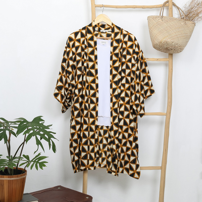 Batik cotton kimono, 'Slow Morning' - Batik Geometric-Motif Cotton Kimono