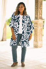 Silk-screened rayon kimono jacket, 'Sea Loop' - Silk Screened Blue and White Kimono Jacket & Belt