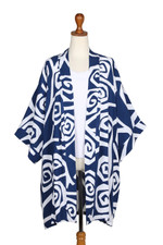Silk-screened rayon kimono jacket, 'Sea Loop' - Silk Screened Blue and White Kimono Jacket & Belt